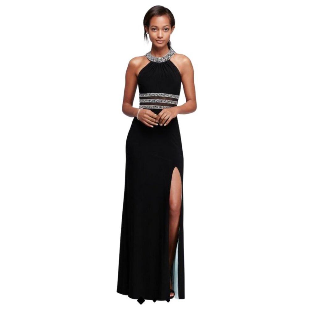 NWT Blondie Nites Beaded High Neck with Illusion Cutouts Black 9
